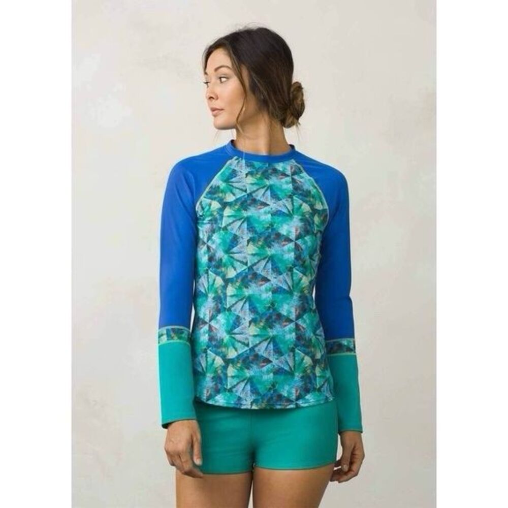 PrAna Women’s Lorelei Sun Shirt Blue Teal Geometric Size Large